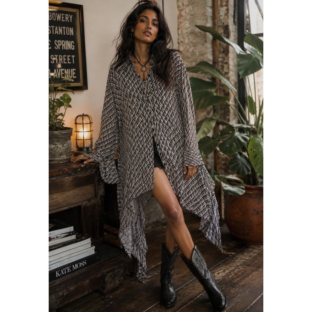 Free People Geometric Handkerchief Hem Shirt Dress Brown White XL